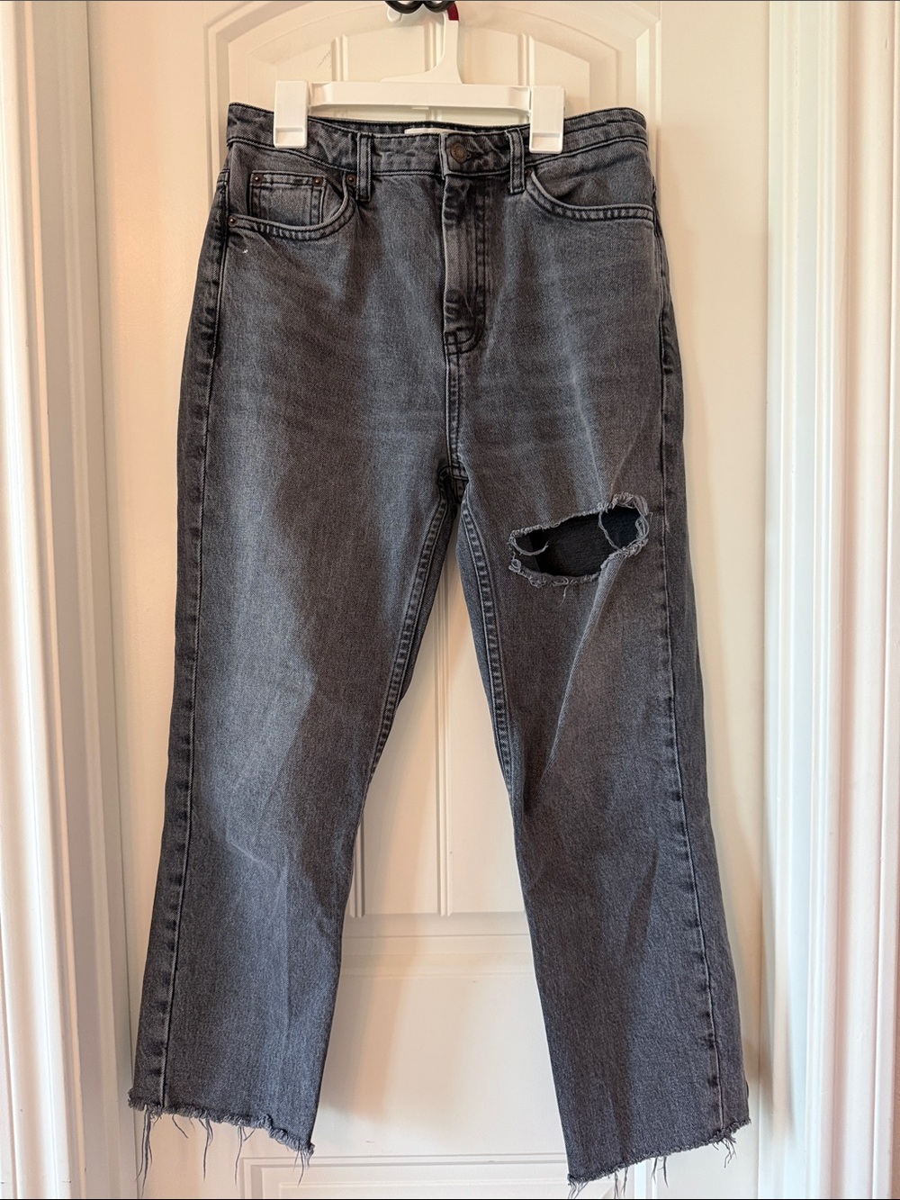 Topshop Black Washed Straight Leg Jeans with Knee Rip